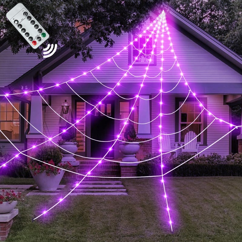 Kendane Halloween Decorations Outdoor and Indoor, 250 LED Halloween Spider Web Light Decorations, 200" Large Light Up Spider Web for Yard(Purple) - Image 1